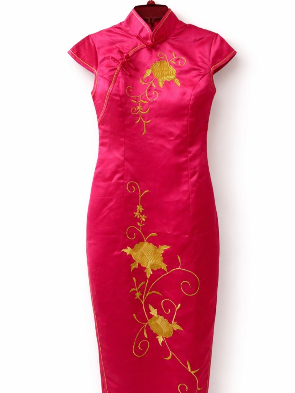 Women’s Satin Qipao Cheongsam Dress Rose Red Embroidered XL Long Dress